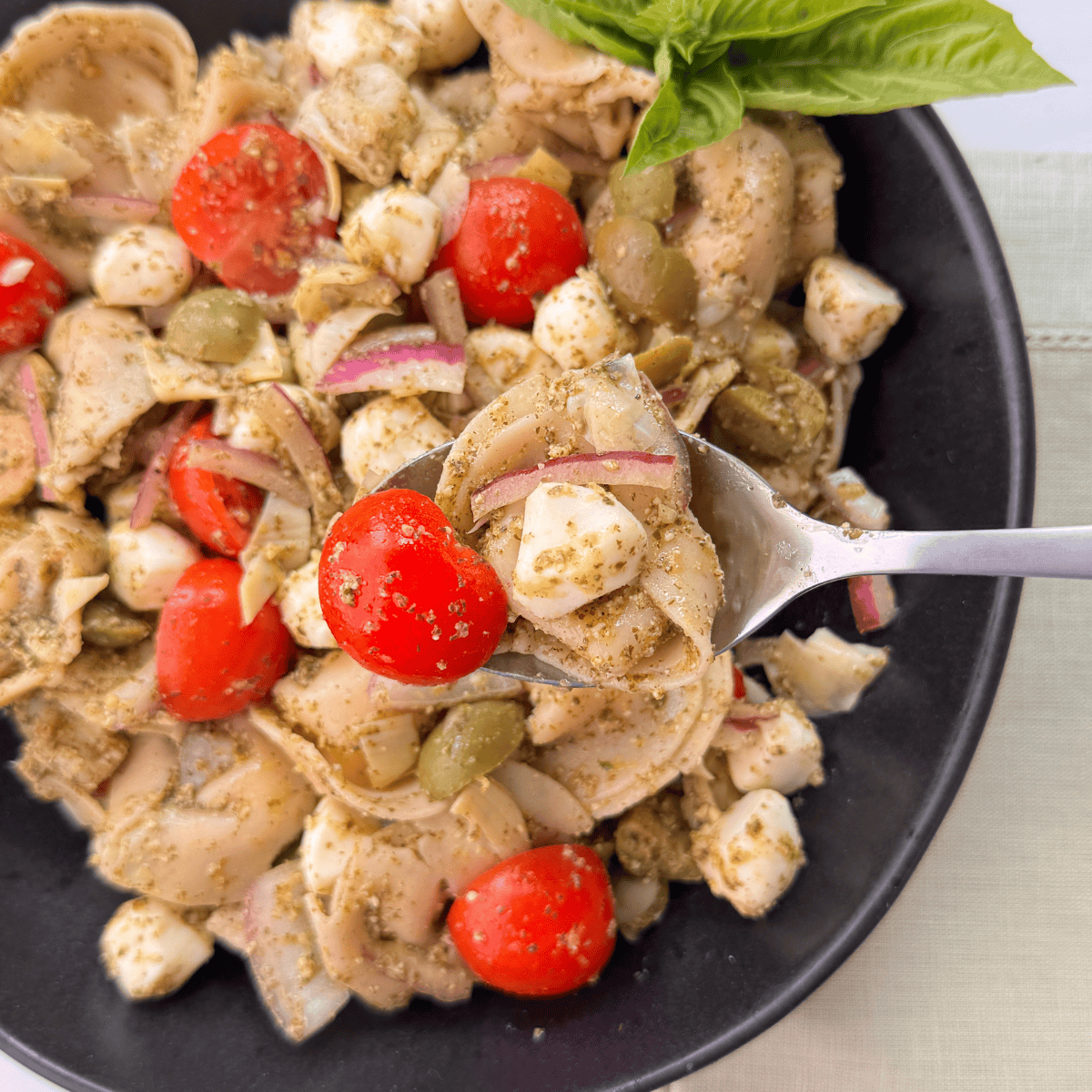 A close-up of a Tortellini Pesto Pasta Salad with cherry tomatoes, mozzarella balls, red onion, green olives, pesto, and fresh basil served in a black bowl, with a spoon lifting a portion.