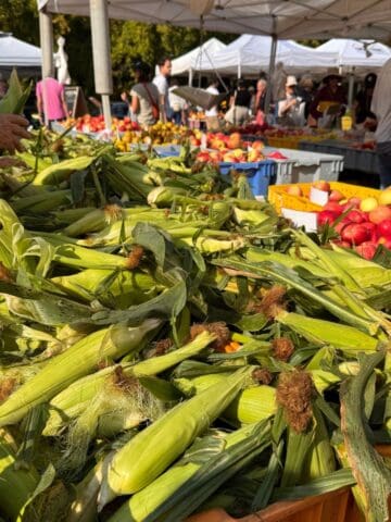 Fresh ears of corn with husks are piled high on a market table. In the background, people shop for fruits and vegetables under white canopy tents at an outdoor farmers market featured by The Sunday Thymes.