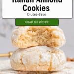 A stack of powdered Italian almond cookies with almond flour, the top one partially bitten, sits below a sign that reads Quick & Easy Italian Almond Cookies, Gluten-Free. Grab the recipe!.