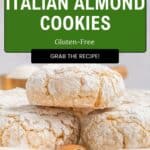 Close-up of powdered Italian almond cookies with almond flour stacked on a plate. Text above reads Quick & Easy Italian Almond Cookies, Gluten-Free, Grab the Recipe! with a green and white color scheme and a Thyme logo at the bottom.