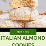 A stack of powdered Italian almond cookies with almond flour, with one cookie broken in half on top, sits above a sign that reads “Quick & Easy Italian Almond Cookies (Gluten-Free).”.