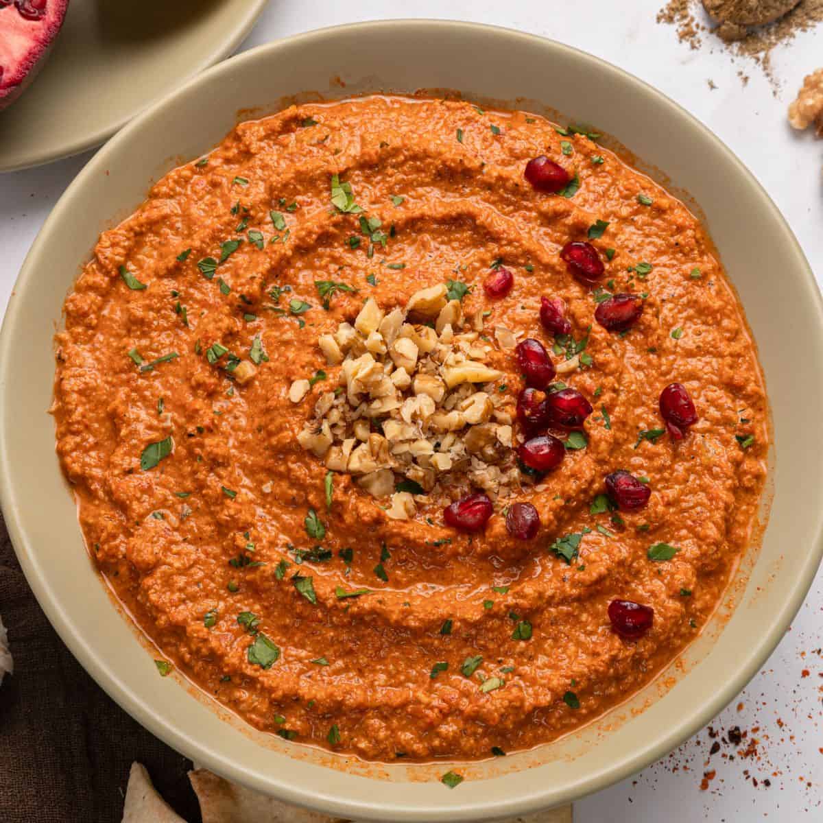 A bowl of muhammara dip, made from a classic muhammara recipe, garnished with chopped walnuts, parsley, and pomegranate seeds, displayed on a light-colored plate against a white background.