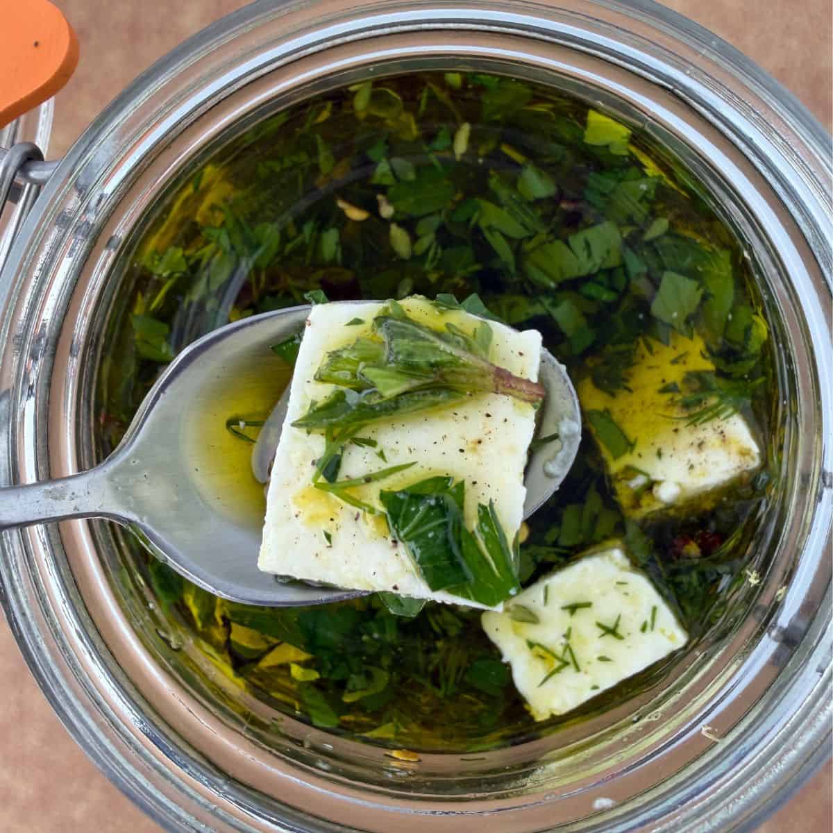 A jar filled with marinated feta cheese cubes and fresh herbs in olive oil. A spoon is lifting two flavorful marinated feta cheese cubes from the jar.