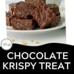 A plate of chocolate krispy treats is stacked in front of a white bowl, with Chocolate Krispy Treat and a download button below the image. Enjoy these delicious chocolate krispy treats as the perfect sweet snack!.