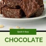 A plate stacked with delicious chocolate krispy treats. The text on the image reads Quick & Easy CHOCOLATE KRISPY TREAT.