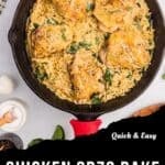 A skillet filled with a flavorful chicken orzo bake—baked chicken thighs atop creamy orzo pasta, garnished with herbs and grated cheese. Text overlay reads “Quick & Easy Chicken Orzo Bake.” Surrounding ingredients are partially visible.