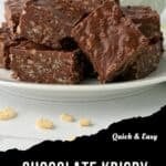 A plate stacked with chocolate krispy treats made from puffed rice cereal, with a few cereal pieces scattered on the white surface. Text overlay reads Quick & Easy Chocolate Krispy Treat.