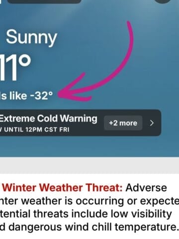 A Sunday Thymes weather app screen shows a sunny day with a temperature of -11°F, feeling like -32°F. There's an extreme cold warning and a winter weather threat about low visibility and dangerous wind chills.