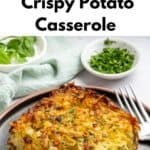 A serving of crispy potato kugel casserole on a plate with a fork, garnished with herbs, and small bowls of chopped green onions and scallions in the background. Text above reads: “Crispy Potato Casserole with Onions, Scallions, and Thyme.”.