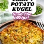 A golden, crispy potato kugel sits on a plate, garnished with fresh herbs. Bowls of scallions and leafy greens are in the background. The image promotes a delicious potato kugel recipe with onions, scallions, and thyme.