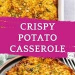 Overhead view of a golden-brown, crispy potato casserole—reminiscent of classic potato kugel—in a white baking dish and a close-up of a serving on a plate, with a text overlay reading “Crispy Potato Casserole.”.