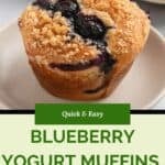 A close-up of blueberry yogurt muffins with a crumb topping sits on a plate. Text overlay reads “Quick & Easy Blueberry Yogurt Muffins Bakery-Style.” Another muffin is partially visible in the background.