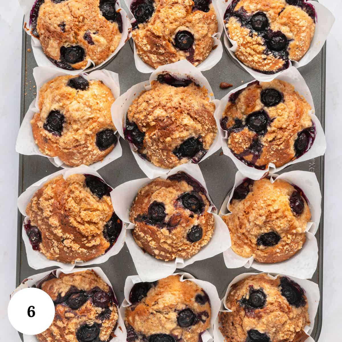 A muffin tin filled with twelve golden-brown blueberry yogurt muffins, each topped with fresh blueberries and crumbly streusel, sits on a light surface. A white circle with the number 6 appears in the lower left corner.