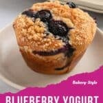 A close-up of a blueberry yogurt muffin with a crumb topping on a plate, another muffin in the background. Text at the bottom reads, “Bakery-Style Blueberry Yogurt Muffins,” highlighting the moist, flavorful blueberry yogurt muffins.