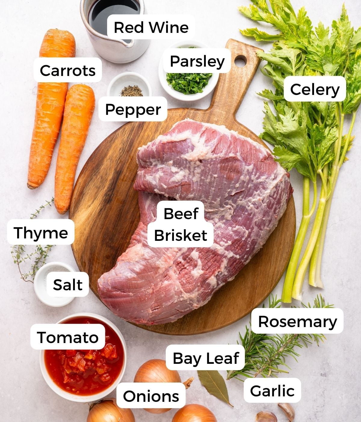 A wooden board with raw beef brisket, ready for oven roasted brisket, is surrounded by labeled ingredients: red wine, parsley, celery, rosemary, garlic, onions, bay leaf, tomato, salt, thyme, pepper, and two carrots.