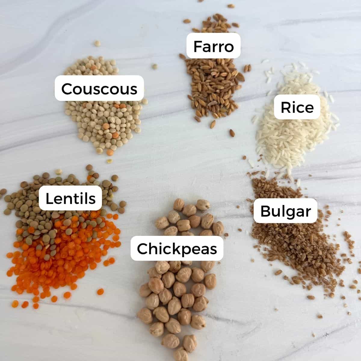 Six small piles of Mediterranean pantry staples—couscous, farro, rice, lentils, bulgur, and chickpeas—are arranged on a white surface, each labeled with text.