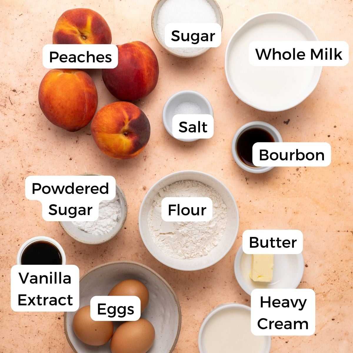 A flat lay of ingredients for peach clafoutis on a light surface, including peaches, whole milk, sugar, salt, bourbon, flour, powdered sugar, vanilla extract, eggs, butter, and heavy cream—each labeled with white text.
