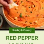 Hand dipping pita chip into a bowl of creamy hummus, garnished with chickpeas, parsley, and paprika. Text overlay reads Smokey & Creamy Roasted Red Bell Pepper Hummus.