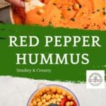 A hand dips pita bread into a bowl of Roasted Red Bell Pepper Hummus, topped with chickpeas and herbs. Below, a food processor holds chickpeas and roasted red peppers. Text reads: Smoky & Creamy Hummus.