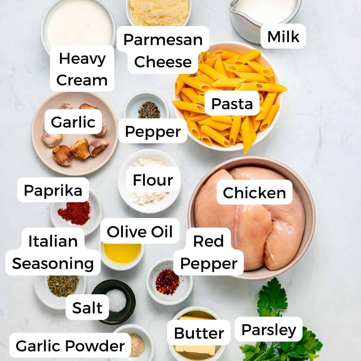 Various labeled ingredients for a creamy garlic parmesan pasta with chicken are arranged on a white surface, including tender chicken, pasta, heavy cream, milk, parmesan, spices, butter, garlic, flour, olive oil, red pepper flakes, parsley, and seasonings.