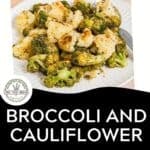 A white plate filled with roasted broccoli and cauliflower is topped with golden breadcrumbs, fresh lemon, and mint, set against a light background. A fork rests invitingly on the plate. Text below encourages you to download the roasted broccoli and cauliflower recipe.