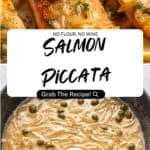 Close-up of glazed salmon piccata fillets with lemon and herbs above a creamy caper sauce in a pan; text overlay reads Salmon Piccata with a recipe search prompt.
