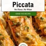 Baked salmon piccata fillets topped with capers and herbs, garnished with lemon slices. Text overlay reads: Salmon Piccata. No Flour, No Wine. Grab the recipe!.