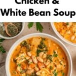 A bowl of Chicken and White Bean Soup with kale, beans, and herbs, garnished with fresh greens, sits alongside a small dish of dried herbs and another steaming bowl of soup on a light surface. Text promotes the dish as Chicken & White Bean Soup—made even heartier with tender Braised Chicken Thighs for rich flavor in every spoonful.