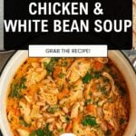 A pot of comforting Shredded Chicken Soup with white beans, garnished with fresh herbs, sits beneath a banner that reads Chicken & White Bean Soup—Grab the Recipe! A bowl of chopped greens is visible in the background.