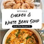 A plate of shredded chicken with a fork sits beside a pot of hearty Chicken and White Bean Soup, garnished with fresh herbs. Text overlay reads: With Kale Chicken & White Bean Soup. Grab The Recipe!.