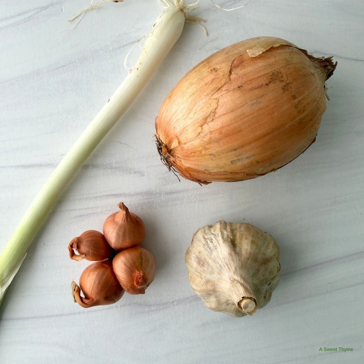 A leek, a yellow onion, a cluster of shallots, and a bulb of garlic are arranged on a white marble surface, perfect essentials for anyone starting their beginner’s guide to Mediterranean cooking.