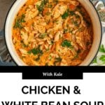 A pot of chicken and white bean soup with herbs, vegetables, and tender shredded chicken, garnished with parsley. Slices of bread and a small dish of spices are on the side. Text reads: With Kale Shredded Chicken Soup & White Bean Soup.