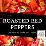 Close-up of roasted red peppers with garlic and thyme in a dish, and on toast with cheese. Text in the center reads Roasted Red Peppers with Honey, Garlic and Thyme. The vibrant roasted red peppers add rich color and bold flavor to this appetizing spread.