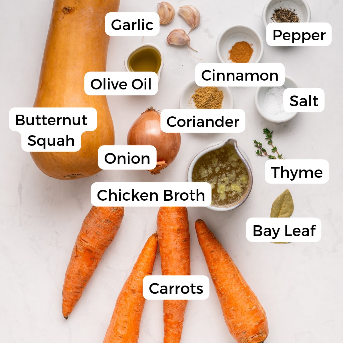 Overhead view of raw ingredients for a butternut squash soup, including garlic, olive oil, onion, chicken broth, carrots, pepper, cinnamon, coriander, salt, thyme, and bay leaf.