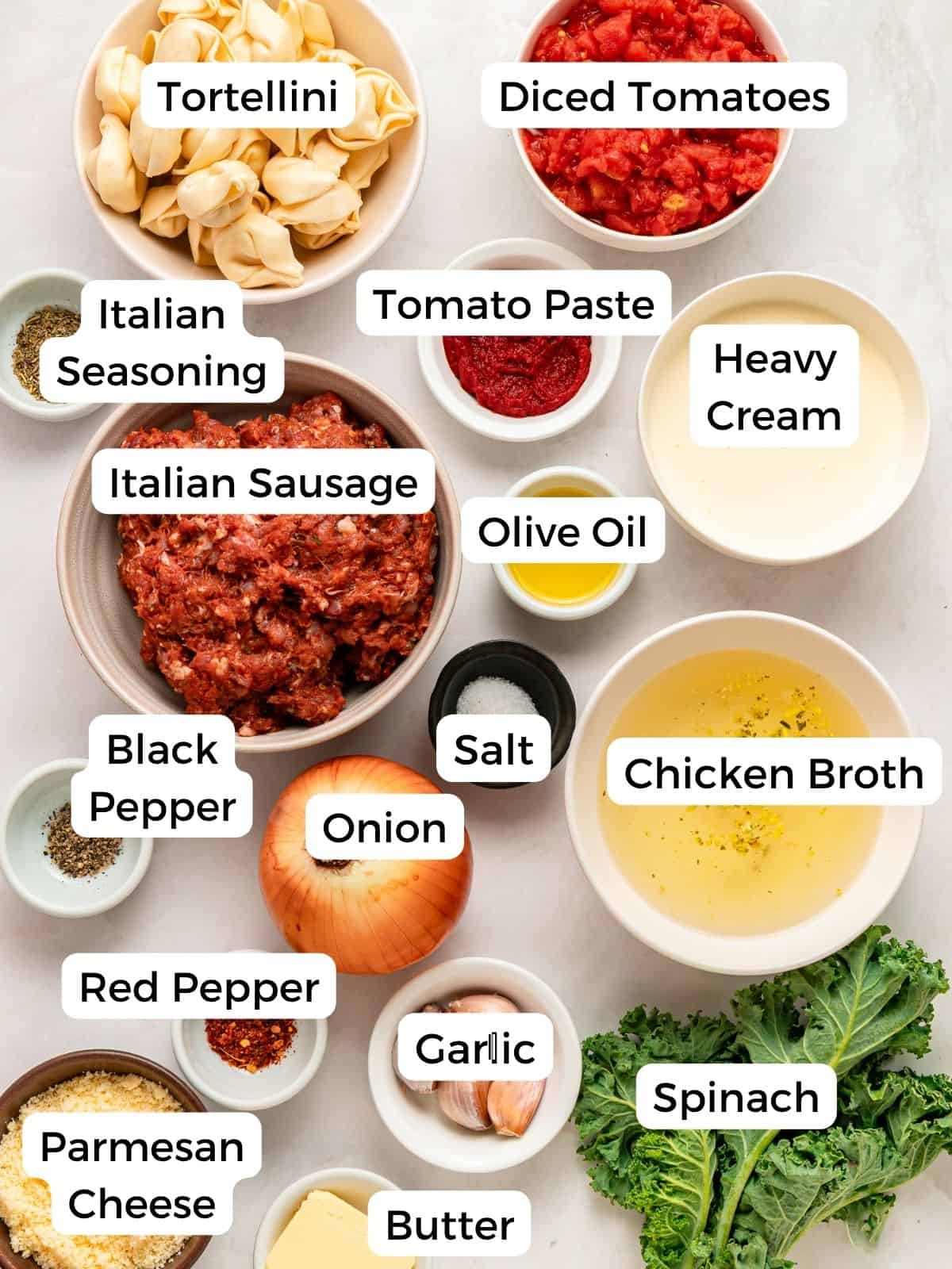 Ingredients for a creamy Tuscan Tortellini Soup, including tortellini, diced tomatoes, Italian sausage, heavy cream, chicken broth, onion, spinach, garlic, parmesan, butter, olive oil, and seasonings, all labeled with their names.